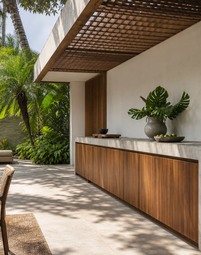 Fadior Horizon Outdoor Kitchen Suite with Shade-Screen Prep Promenade — interior room context showing cabinet integration