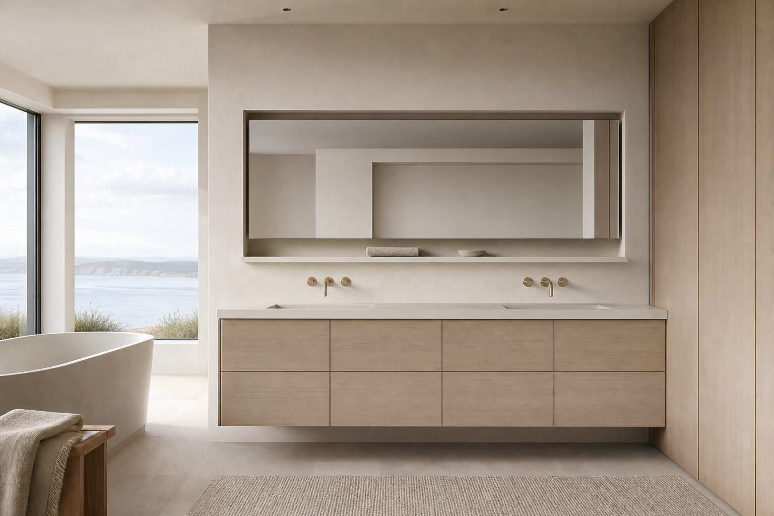 Fadior Ethereal Bath and Vanity Suite with Cooling Plaster Wash Shelf — lifestyle setting with natural light and residential