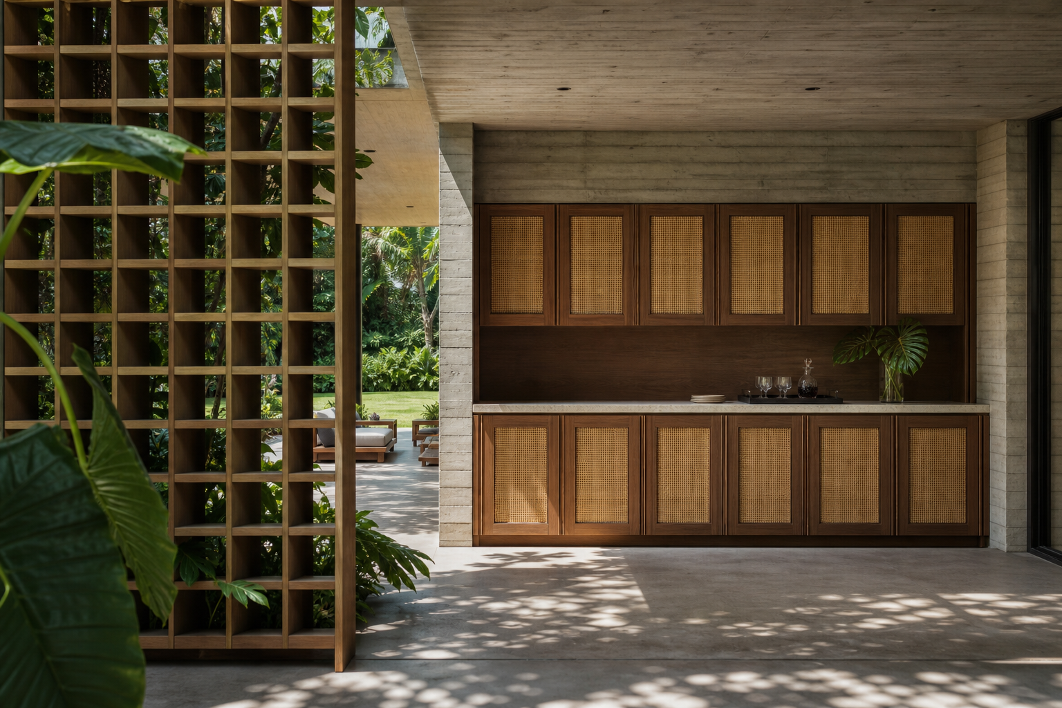 Fadior Grotto Wine Cabinet Suite with Amber Vault Serving Bay — interior room context showing cabinet integration