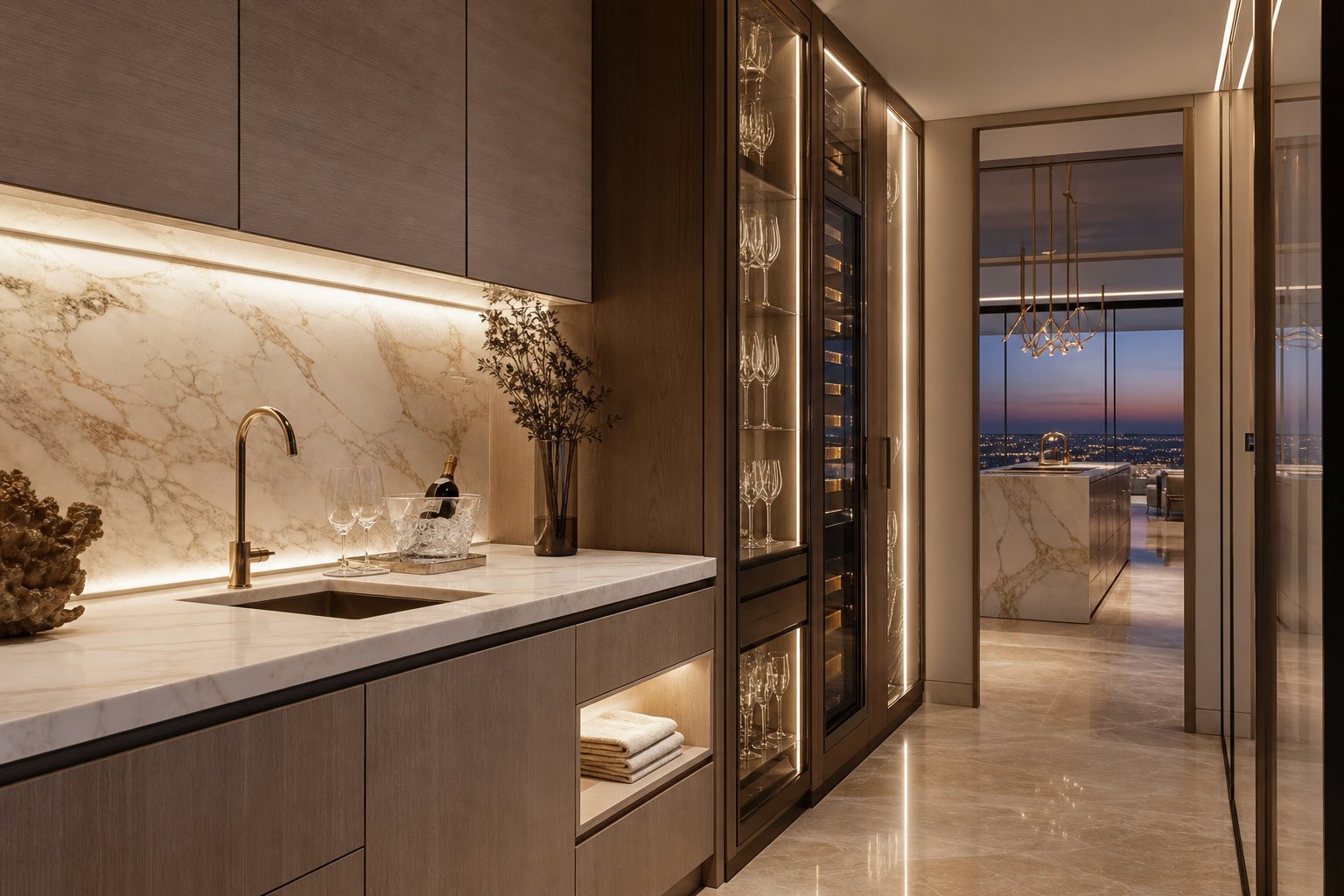 Fadior Perth 280 sqm Kitchen Penthouse — Perth pantry counter, glass cabinet, towel shelf, doorway, kitchen island