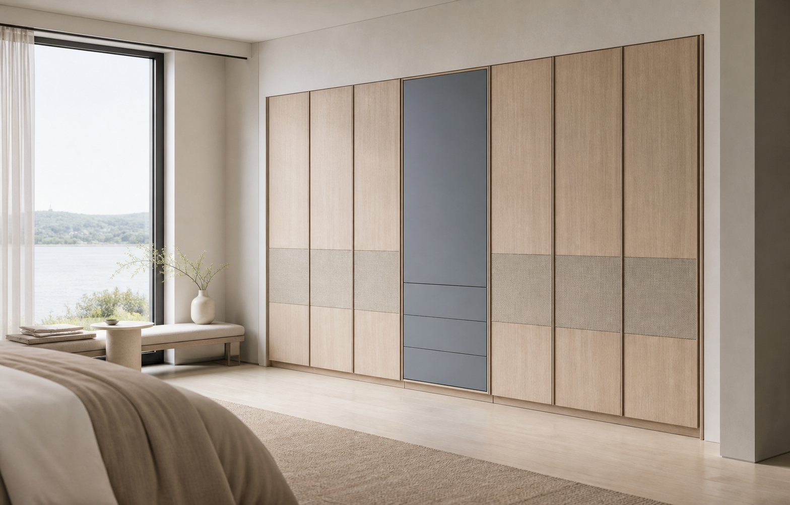 Fadior Onyx Wardrobe Suite with Misty Blue Dressing Alcove — interior room context showing cabinet integration