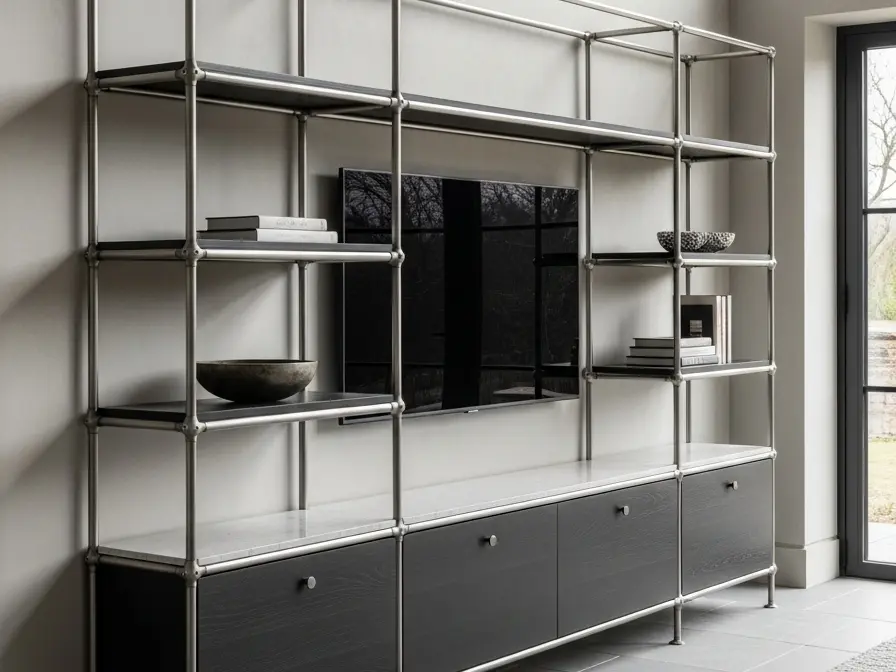 Fadior Essence Media Console - stainless steel living room cabinetry with media storage, display shelving, concealed devices, and residential finishes