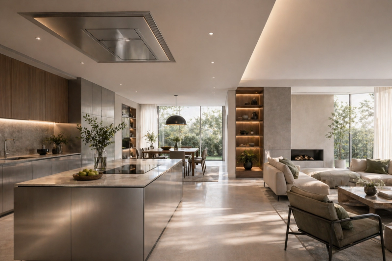 Lifestyle context: a connected kitchen, dining, and lounge setting with brushed 304 stainless steel cabinetry and a calm ventilation-aware layout.