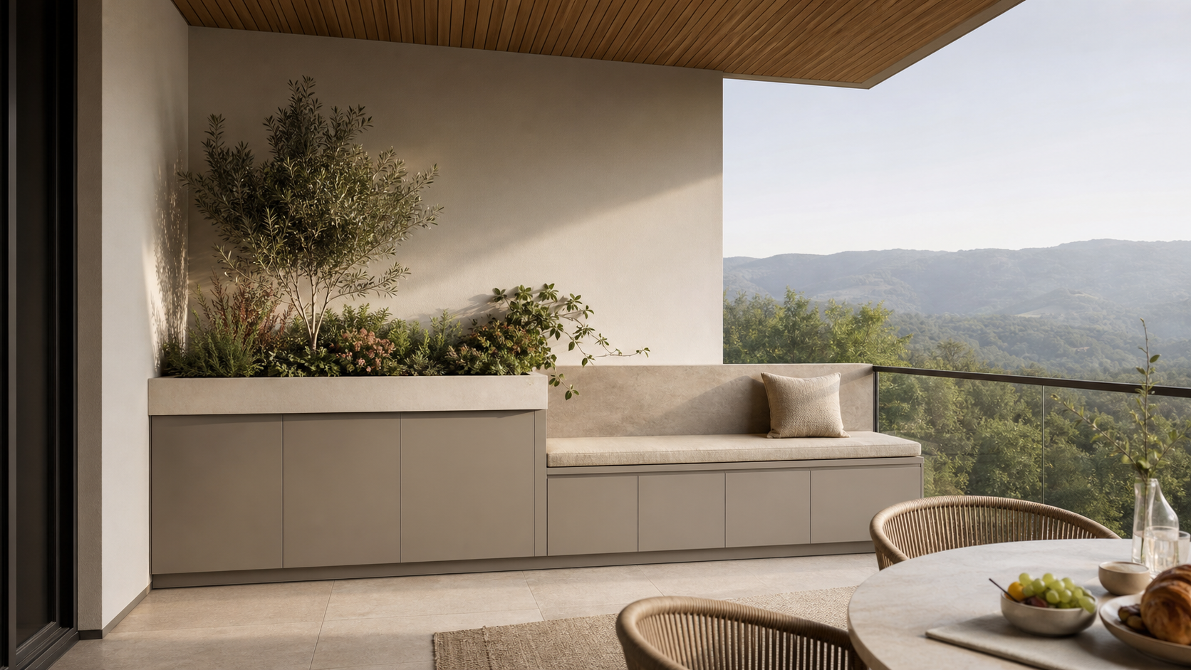 Fadior Cannes Balcony Module with Limestone Planter Berth — lifestyle setting with natural light and residential styling