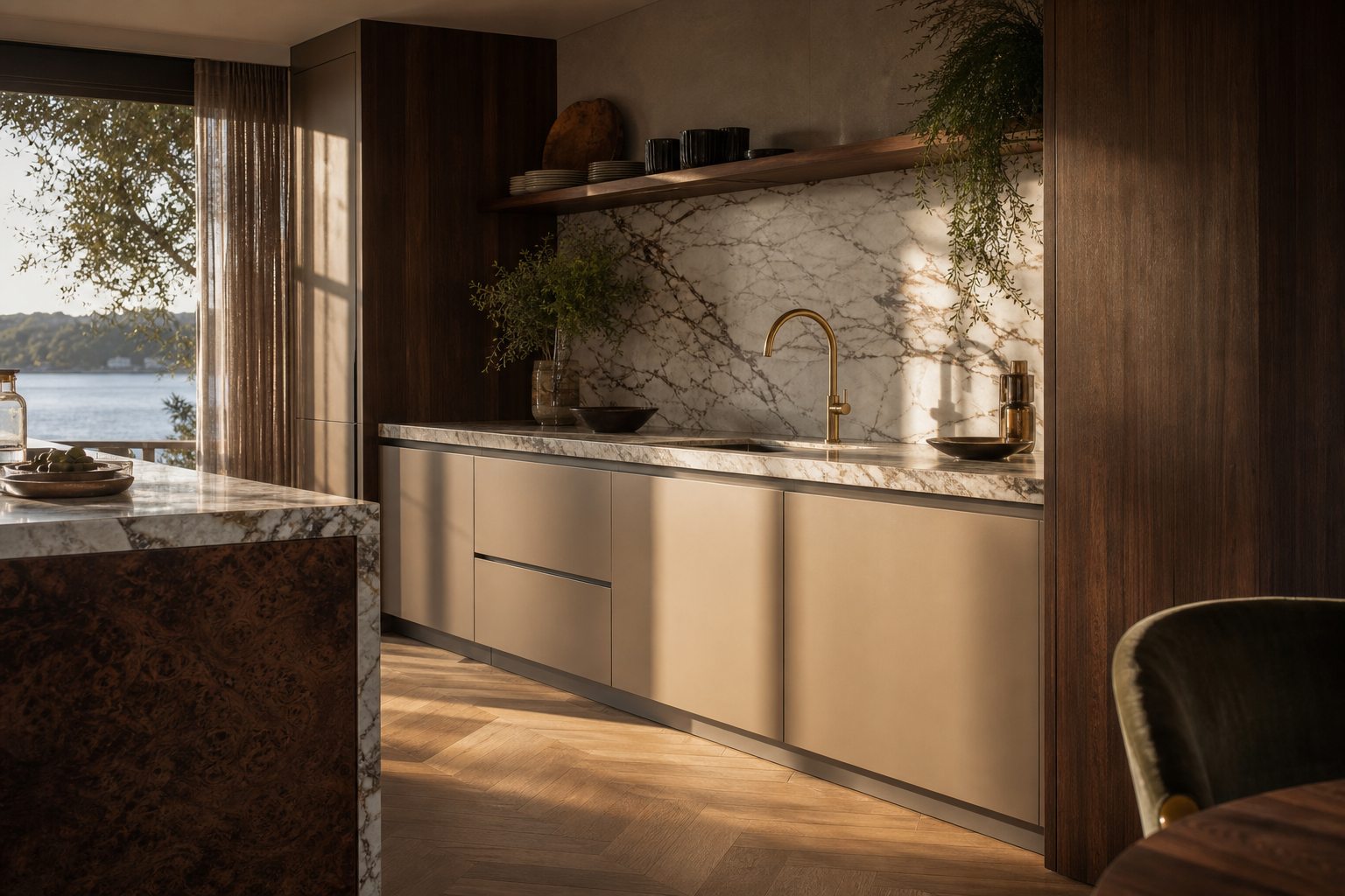 Fadior Sydney Compact Residence — Sydney kitchen workspace with marble counter, walnut cabinet wall, brass tap,