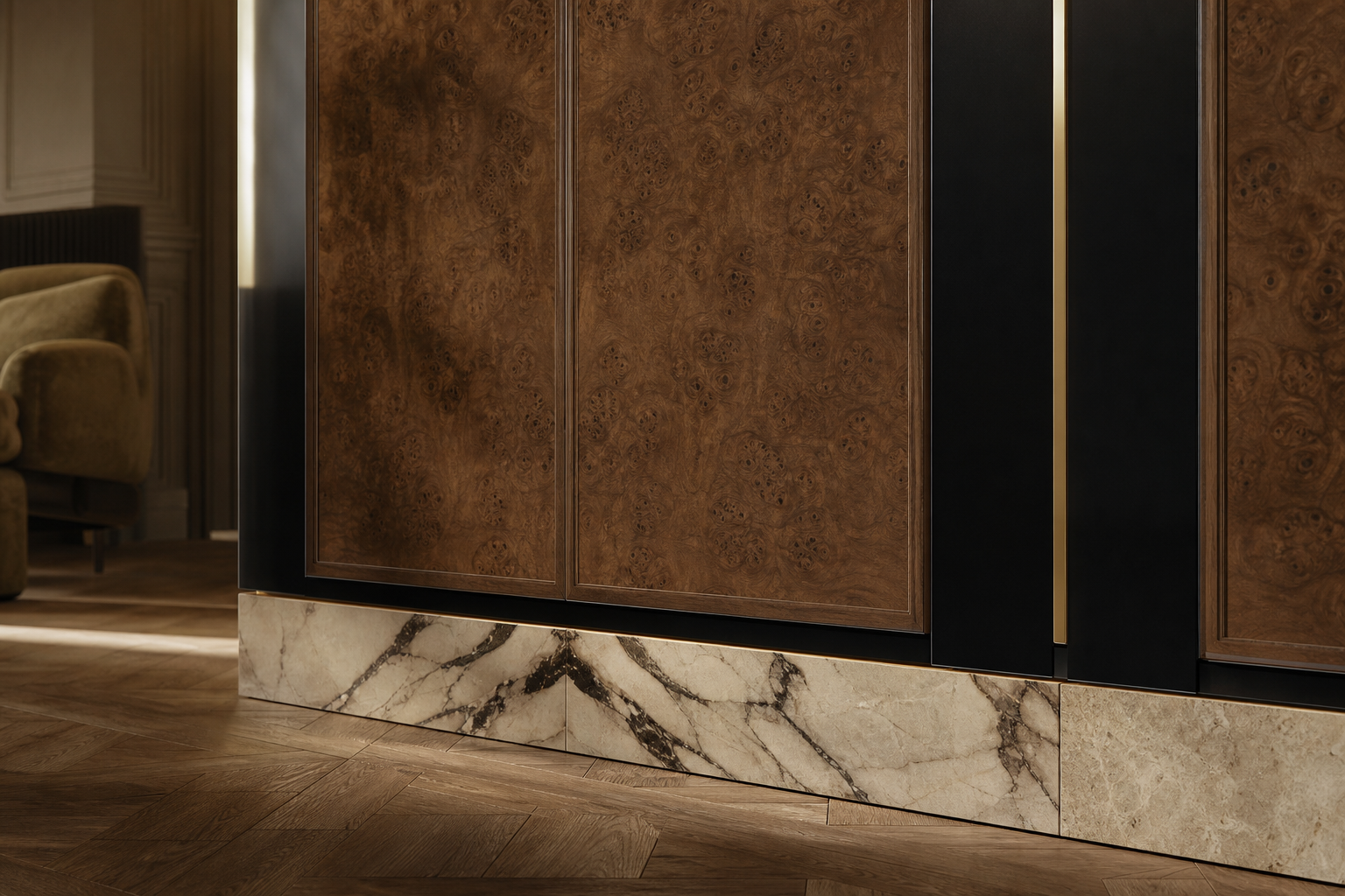 Fadior Resonance Wardrobe Suite with Monolithic Lacquer Wardrobe Plane — close-up of stainless steel finish and hardware