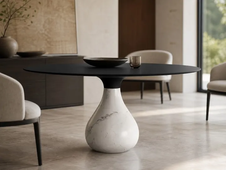 Mesa de comedor de mármol con pedestal en forma de lágrima