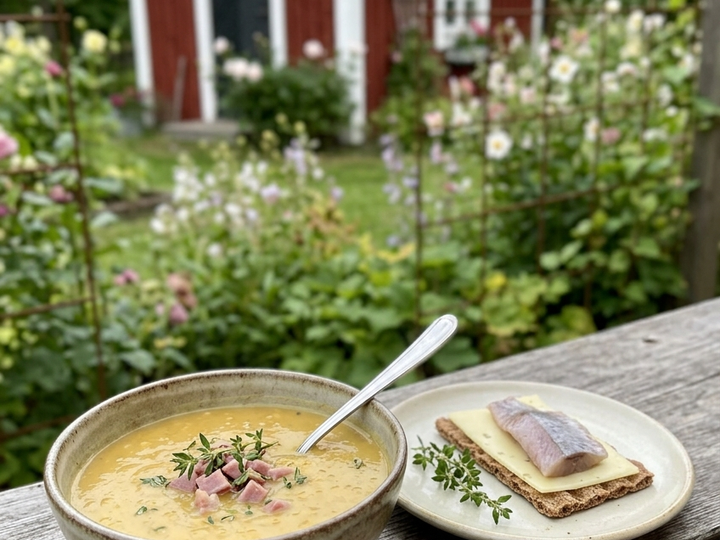 Ärtsoppa i skål med timjan