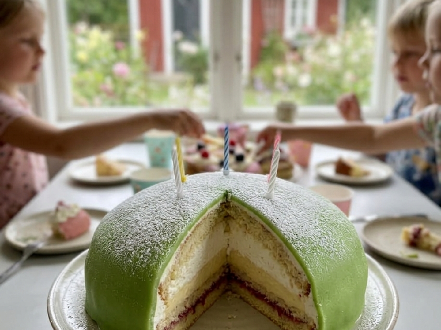 Prinsesstårta med grön marsipan och pudrat florsocker