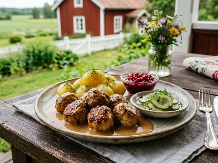 Klassiska svenska köttbullar med potatismos, gräddsås och lingon