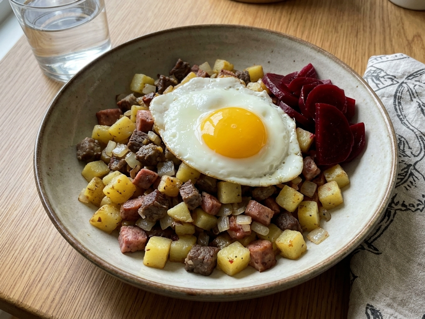 Pytt i panna med stekt ägg och rödbetor