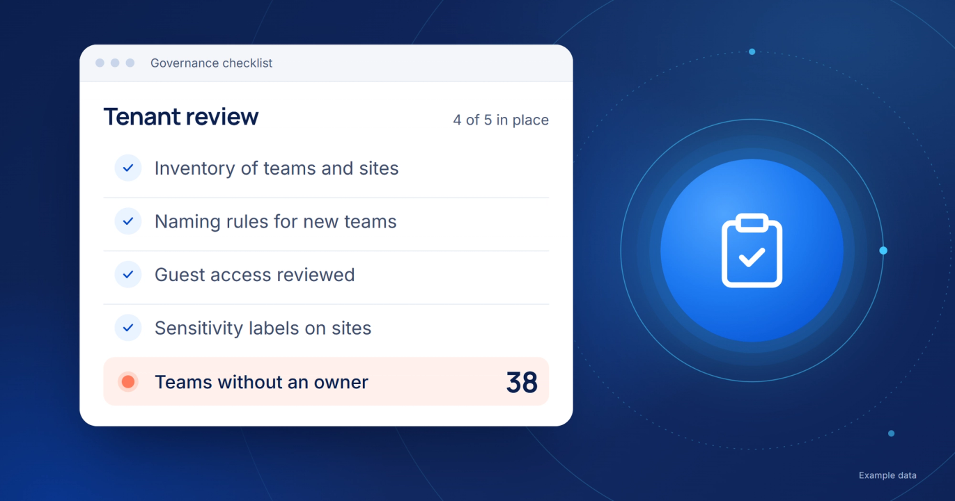 Navy illustration: a governance checklist with the inventory, naming rules, guest reviews and sensitivity labels ticked, and one line flagged in coral showing 38 teams without an owner, example data.