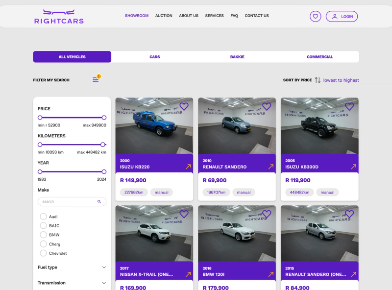 Rightcars car catalogue with price, mileage and year filters and sortable vehicle cards