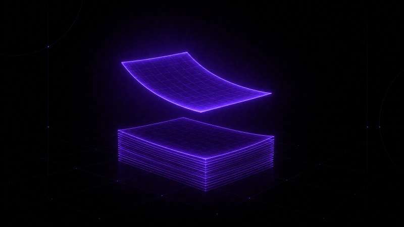 A neat wireframe stack of documents with one sheet lifted clear and lit