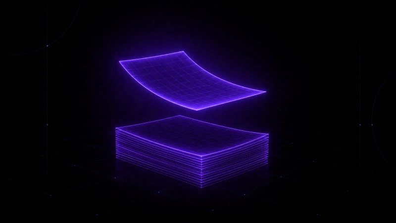 A neat wireframe stack of documents with one sheet lifted clear and lit