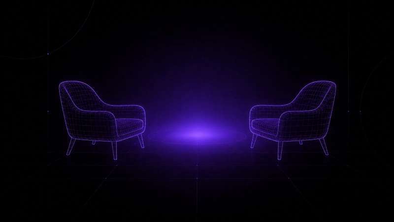Two wireframe armchairs facing each other with a soft pool of light between them