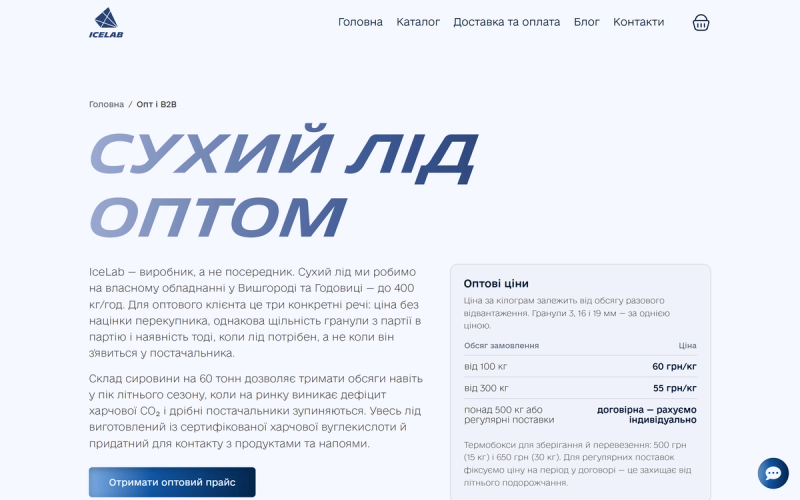 IceLab B2B page with volume-based wholesale pricing
