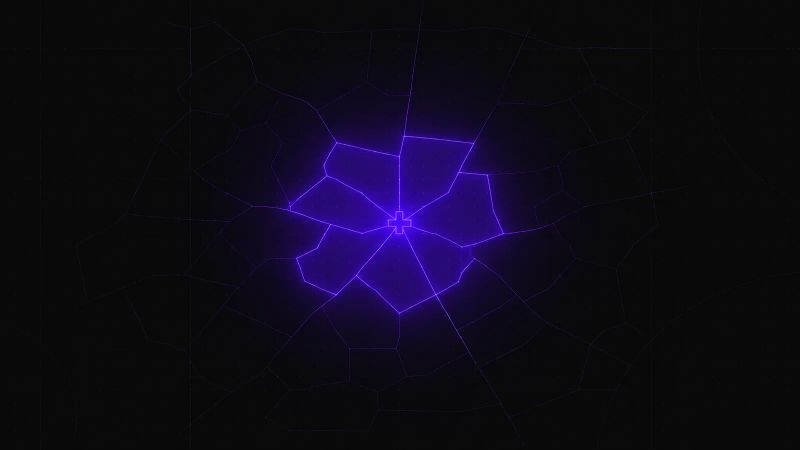 A district grid with one glowing catchment area around a cross-shaped node