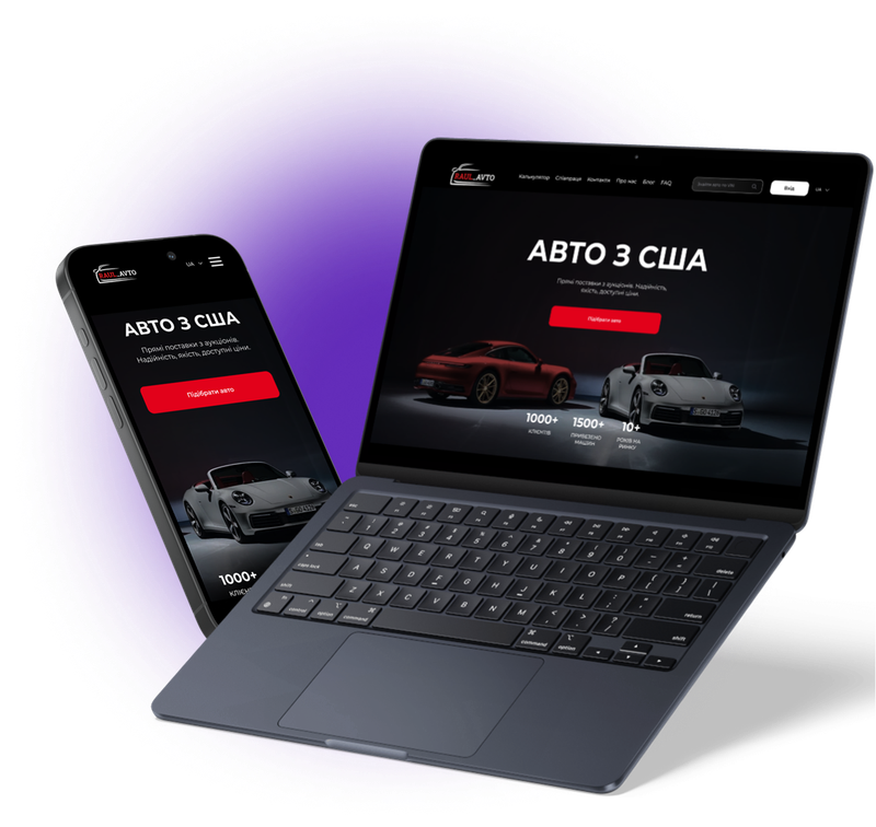 Raul Avto website for importing cars from the USA shown on laptop and phone