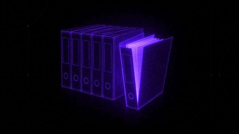 A row of wireframe bound case files with one pulled out and opened, glowing from within