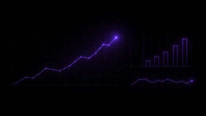 Three hairline analytical shapes: a rising line, a column of bars and a sparkline