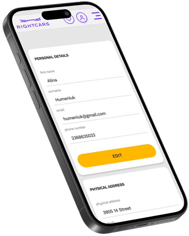 Right Cars website on mobile