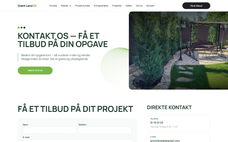 Сторінка контактів Grønt Land DK з формою заявки з фото