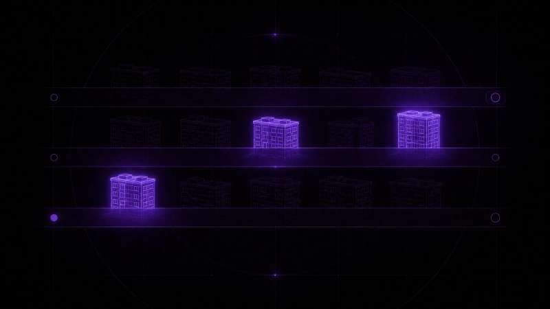 A grid of wireframe buildings with filter bands leaving only a few lit