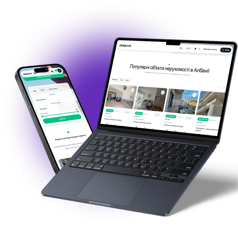 Domlivo property website on laptop and phone with listings in Albania and search filters