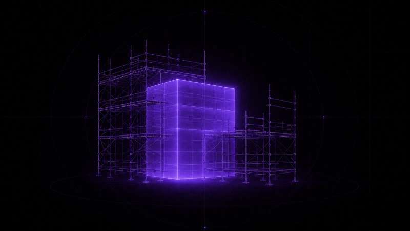 Hairline scaffolding rising around one solid glowing volume, still open on one side