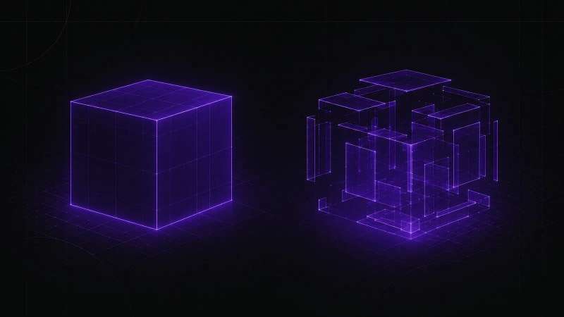 A rigid sealed block beside a freely assembled open structure of the same volume