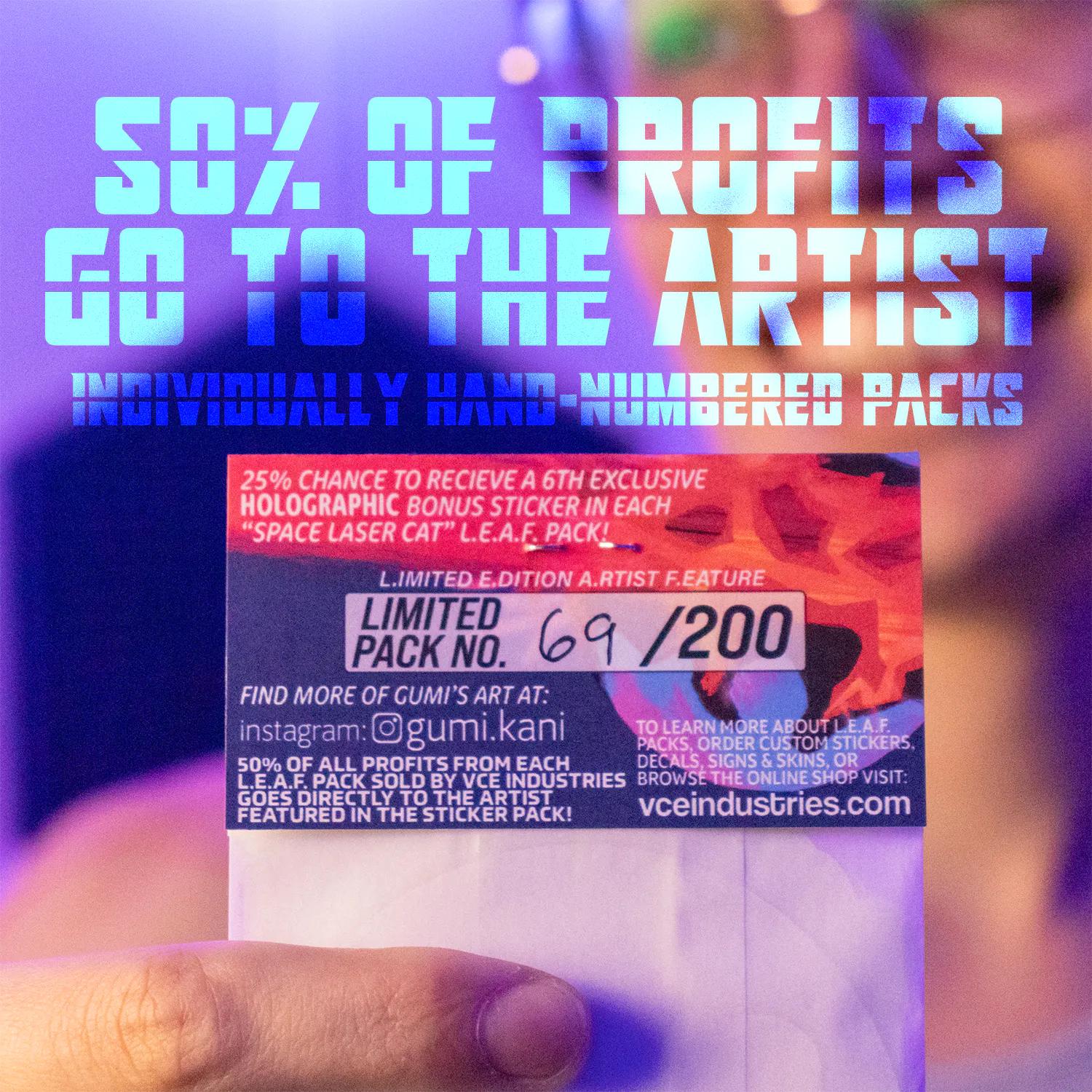 50% of profits go to the artist. Individually hand-numbered packs. Example pack showing 69/200.