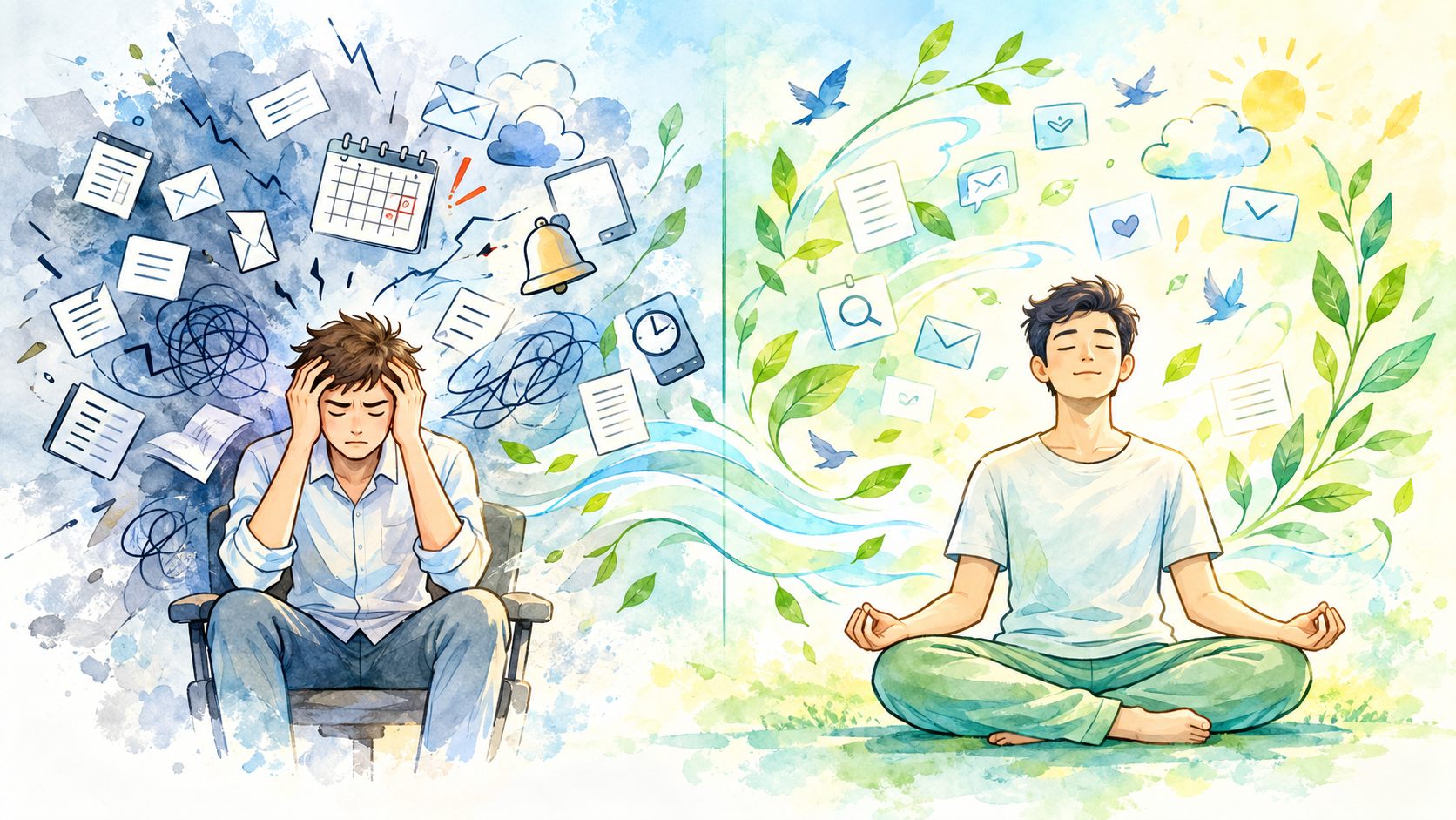 Illustration of a stressed man at a desk beside the same man sitting calmly in meditation