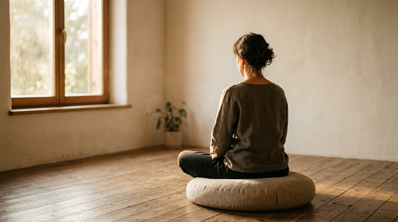 A person meditating seen from behind, sitting upright in warm window light in a calm, quiet room.