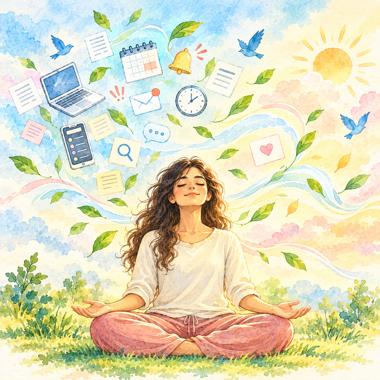 Peaceful meditation among floating thoughts