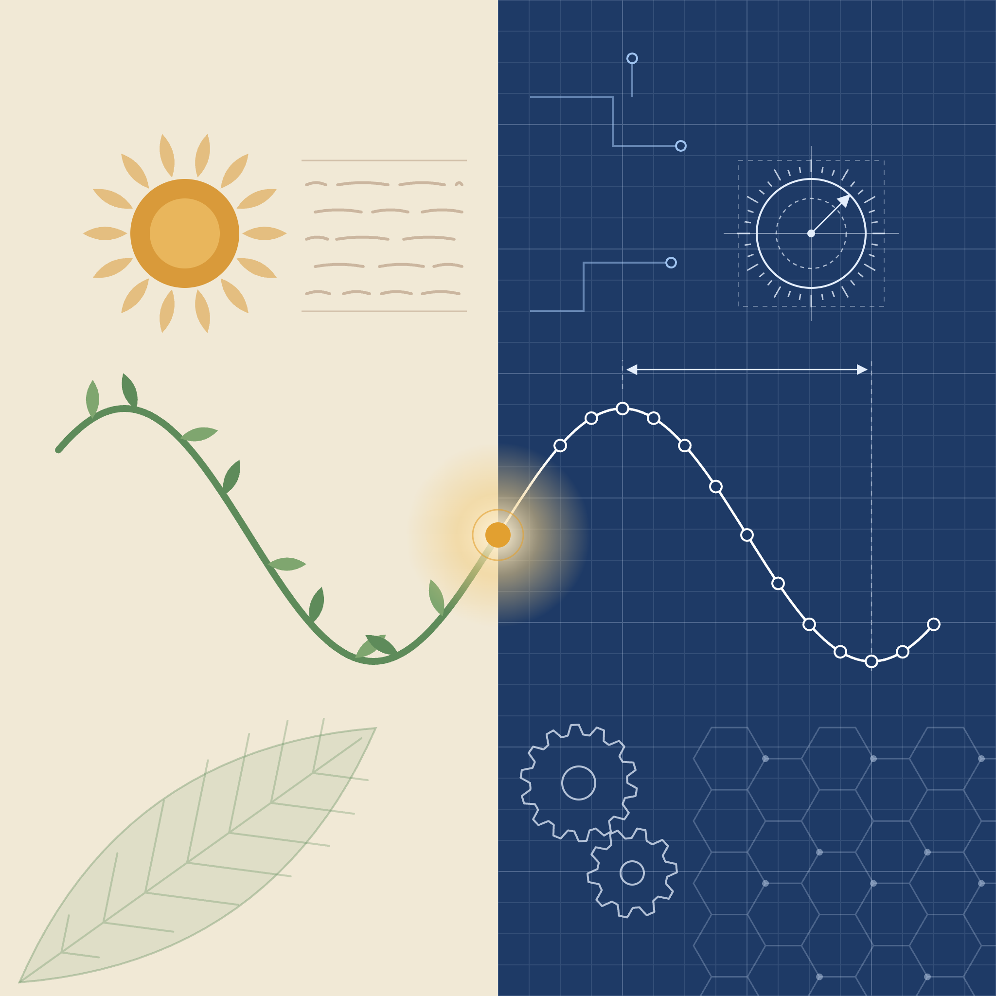 > A single wave grows as a leafy vine on one side and becomes plotted data on a blueprint on the other, meeting at one golden point: ancient insight and modern science describing the same truth.
