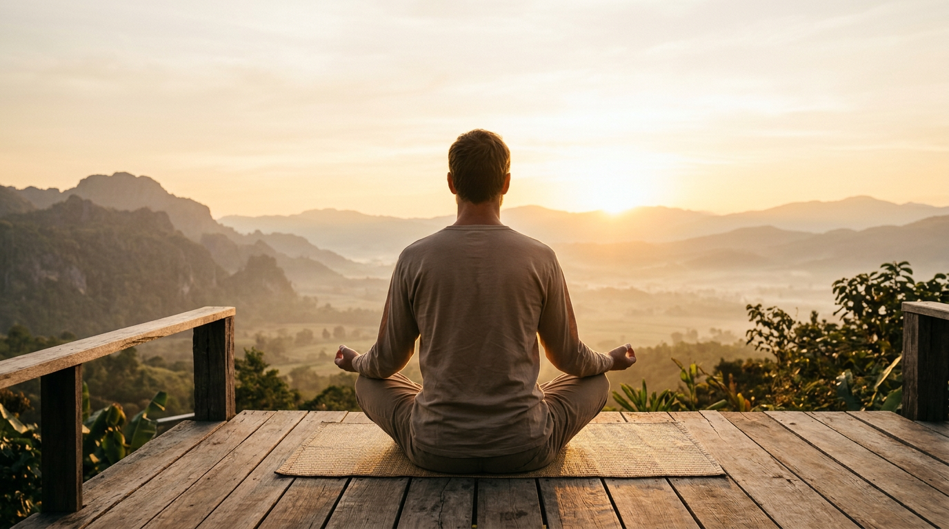 A man meditating outdoors seen from behind, palms open on his knees, facing soft sunrise light over distant hills.