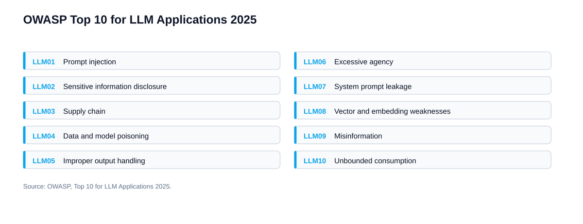 Reference list of the OWASP Top 10 for LLM Applications 2025: prompt injection, sensitive information disclosure, supply chain, data and model poisoning, improper output handling, excessive agency, system prompt leakage, vector and embedding weaknesses, misinformation and unbounded consumption