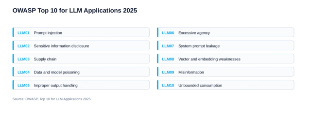 Reference list of the OWASP Top 10 for LLM Applications 2025: prompt injection, sensitive information disclosure, supply chain, data and model poisoning, improper output handling, excessive agency, system prompt leakage, vector and embedding weaknesses, misinformation and unbounded consumption