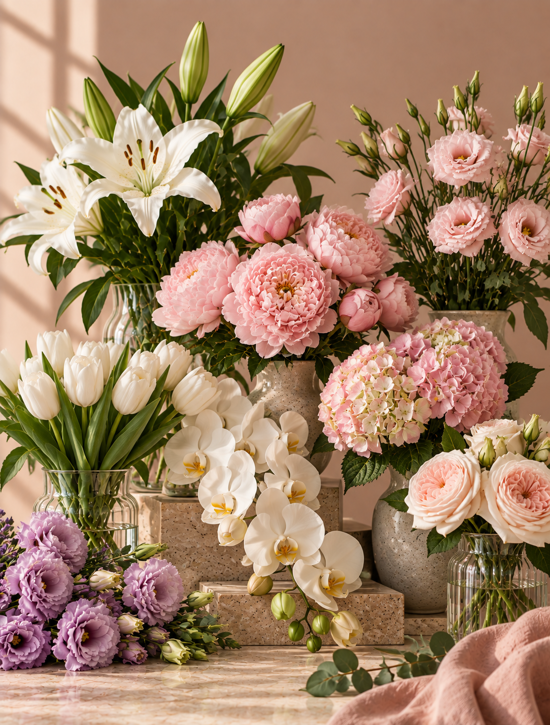A lush floral arrangement featuring lilies, hydrangeas, carnations, gerberas, chrysanthemums, ranunculus and orchids in soft pink, white, peach and yellow tones.