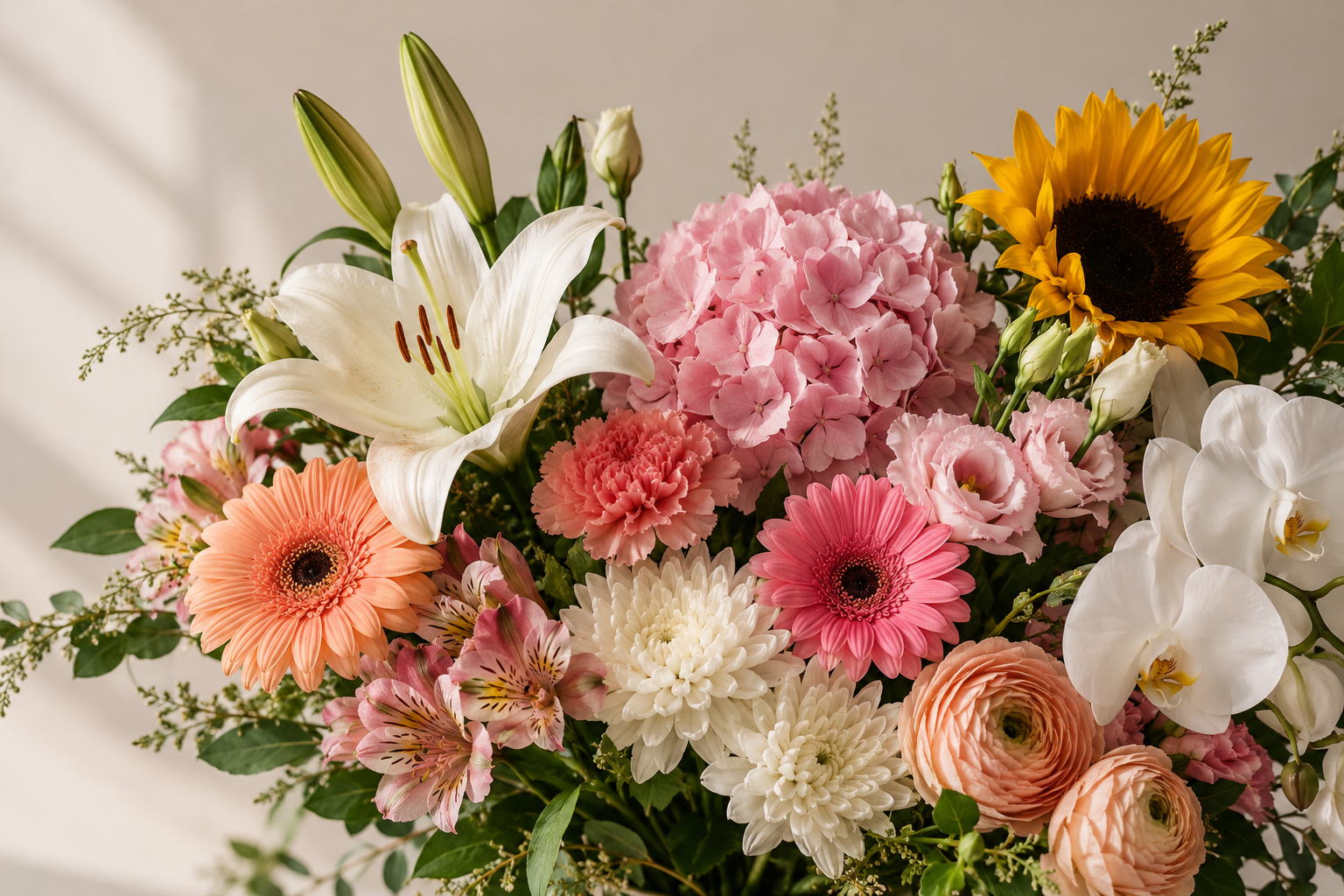 A lush floral arrangement featuring lilies, hydrangeas, sunflowers, carnations, gerberas, chrysanthemums, ranunculus and orchids in soft pink, white, peach and yellow tones.