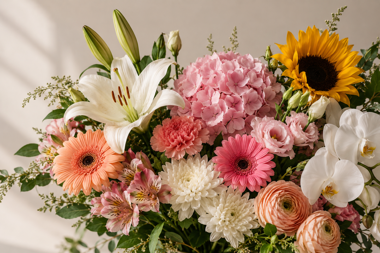 A lush floral arrangement featuring lilies, hydrangeas, sunflowers, carnations, gerberas, chrysanthemums, ranunculus and orchids in soft pink, white, peach and yellow tones.