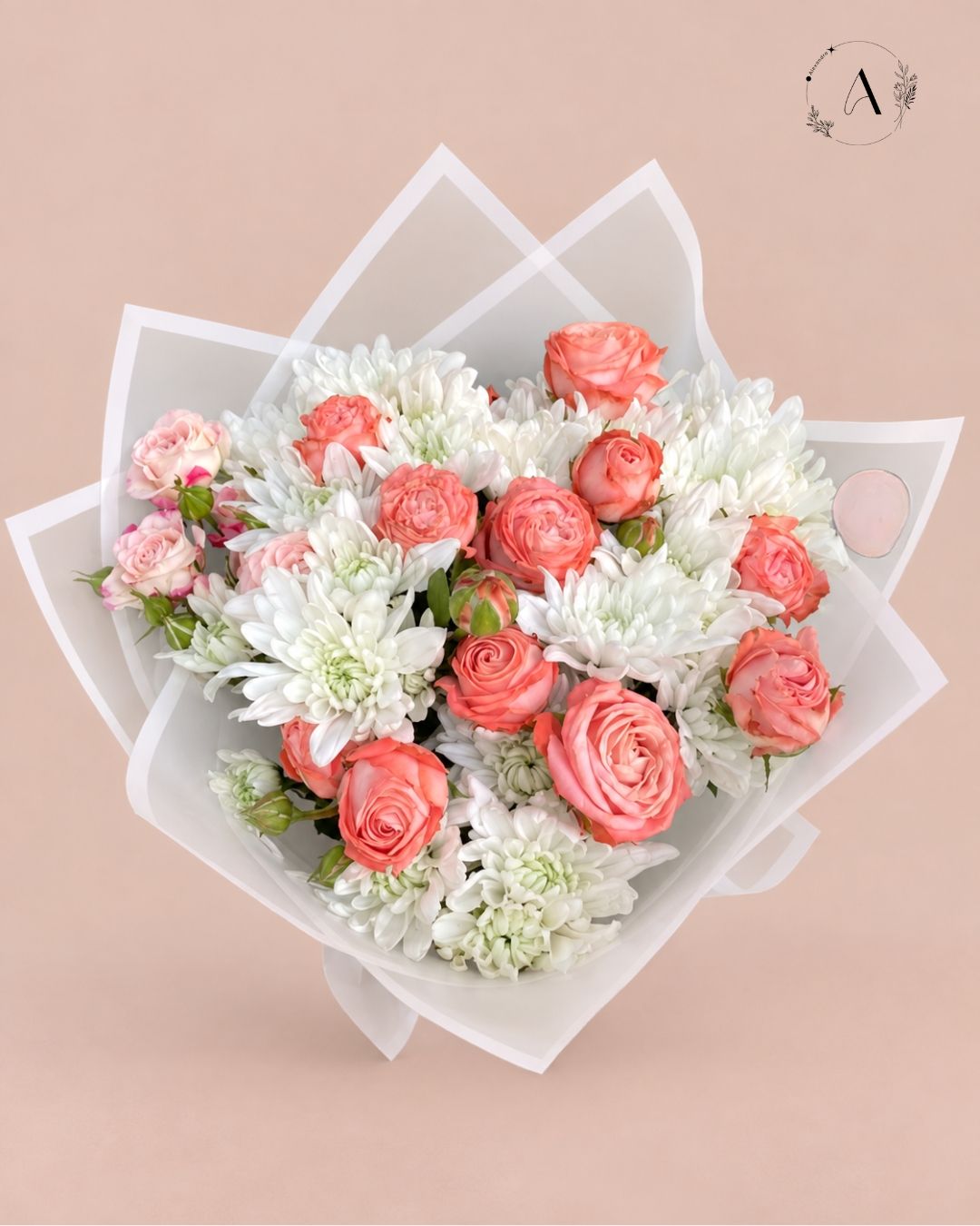 Fresh coral and white rose bouquet arranged by Alexandra's Floral