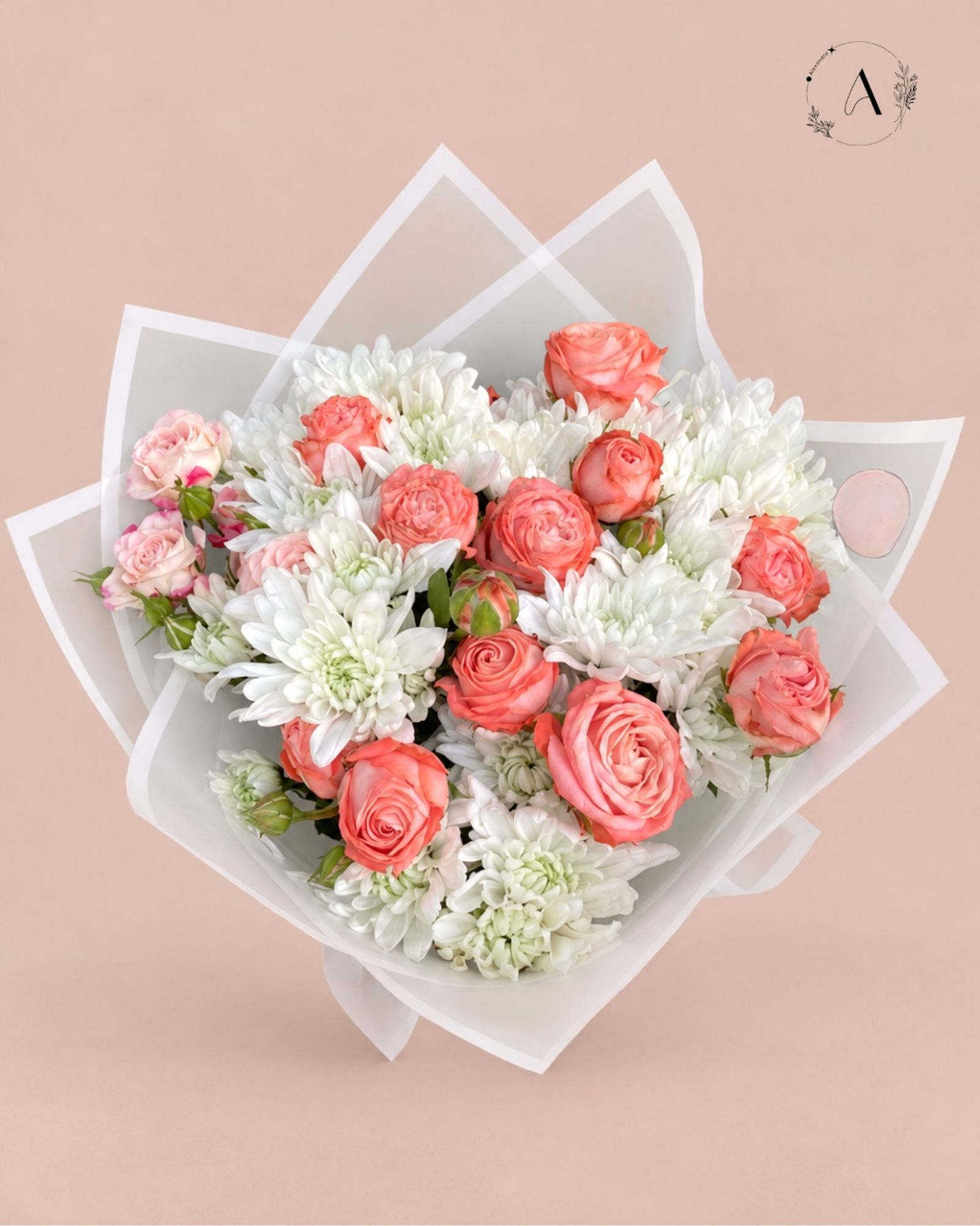 Fresh coral and white rose bouquet arranged by Alexandra's Floral