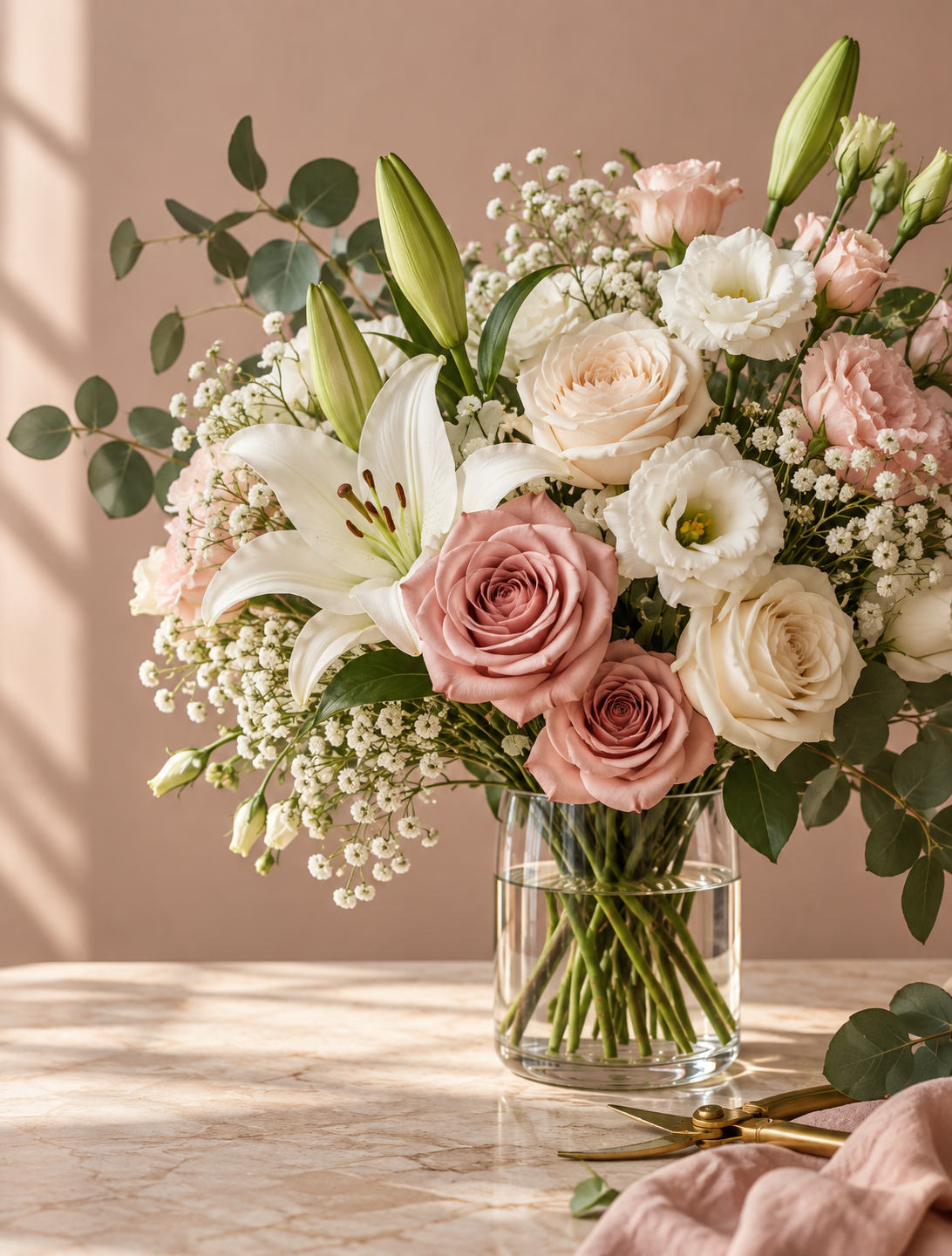 Fresh coral and white rose bouquet arranged by Alexandra's Floral