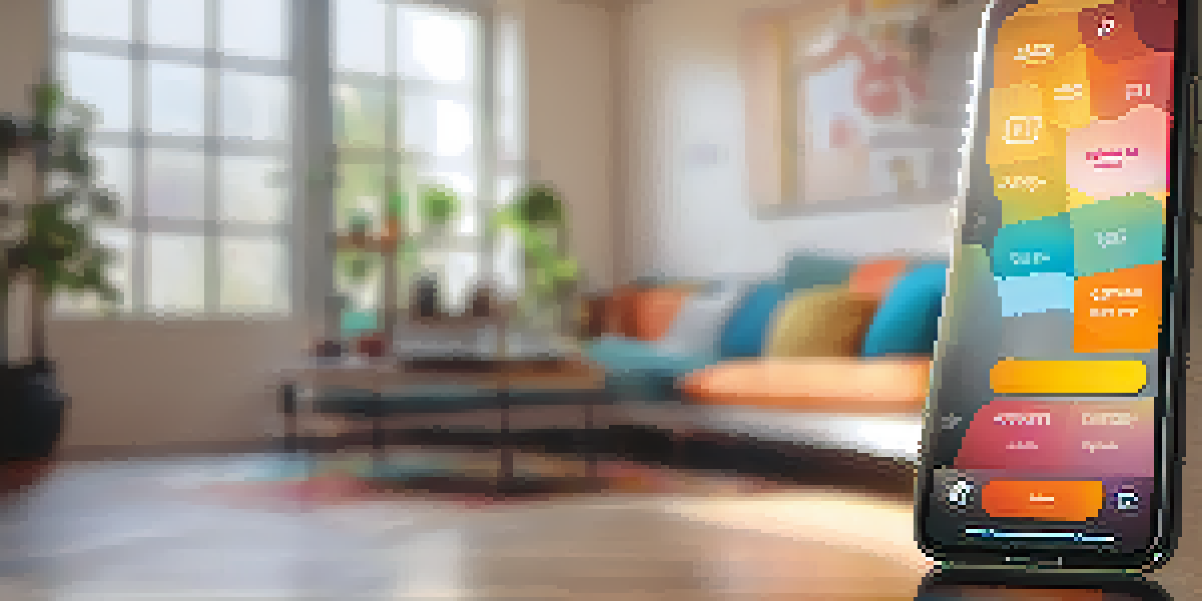 A smartphone with a colorful addiction recovery app interface showing progress graphs, set in a cozy living room with warm light.