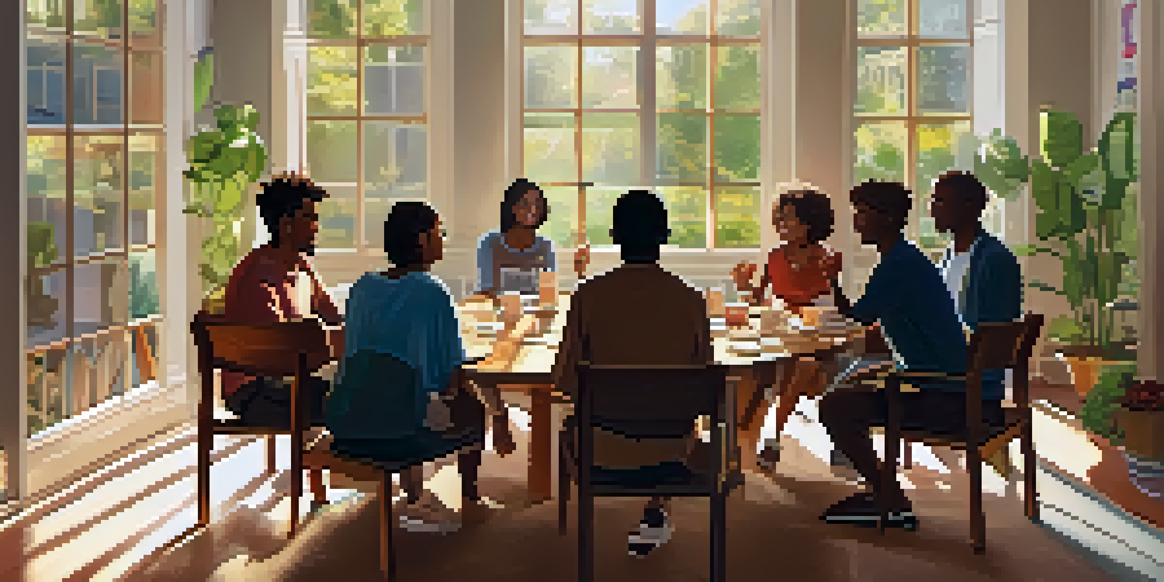 A diverse group of individuals engaged in a peer support meeting in a bright and welcoming room, sharing emotions and experiences.