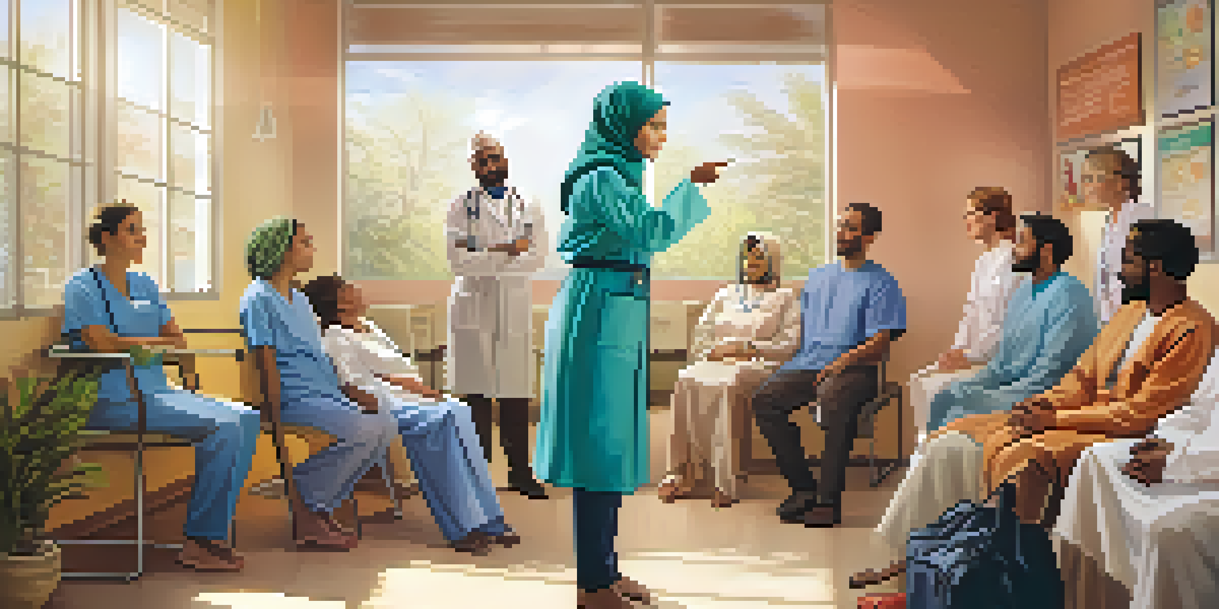 A healthcare professional engaging with diverse patients in a colorful clinic, showcasing a warm interaction between a provider and a woman wearing a hijab.