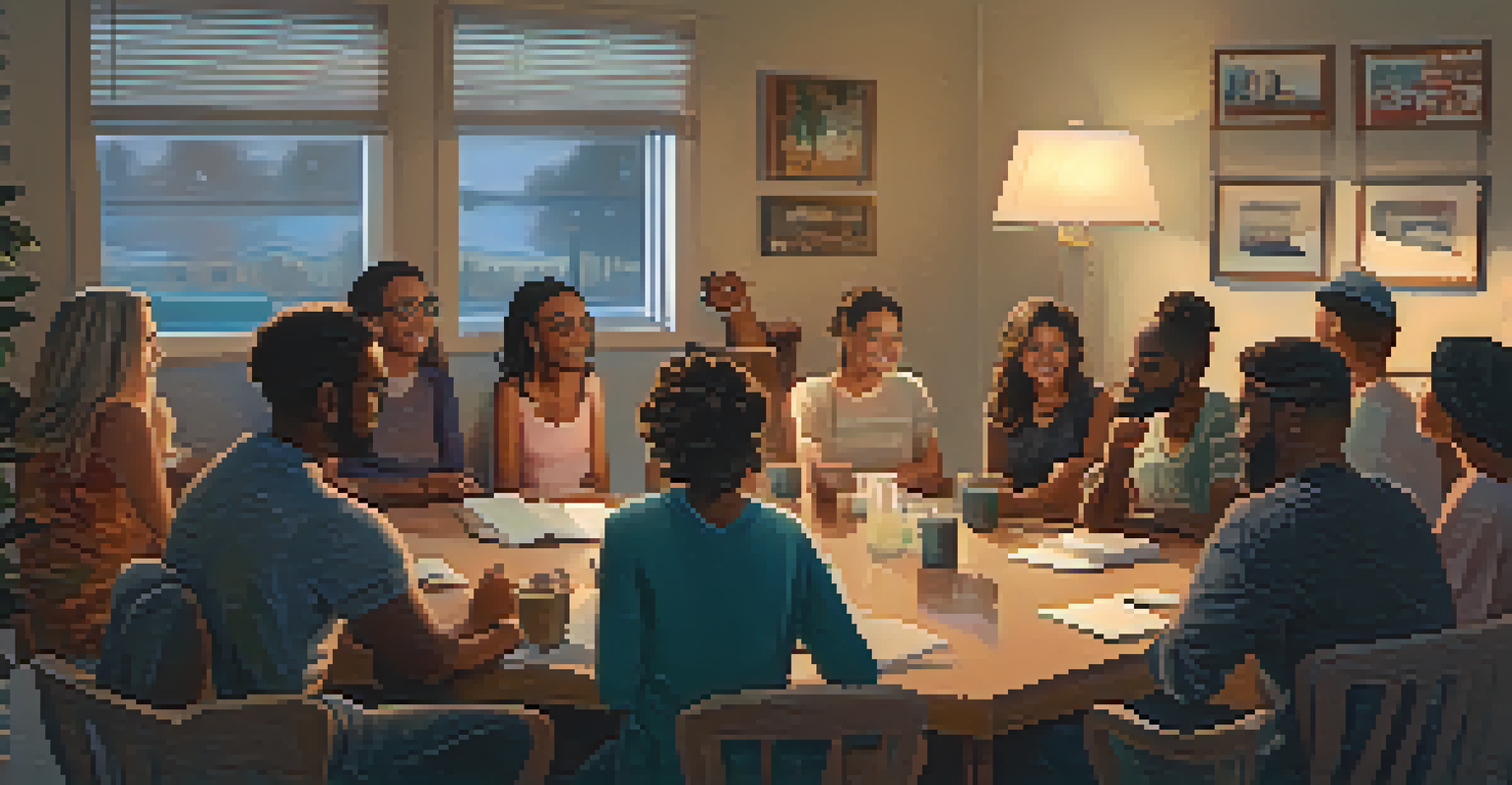 A diverse support group meeting in a cozy room, with participants sharing experiences and showing empathy.