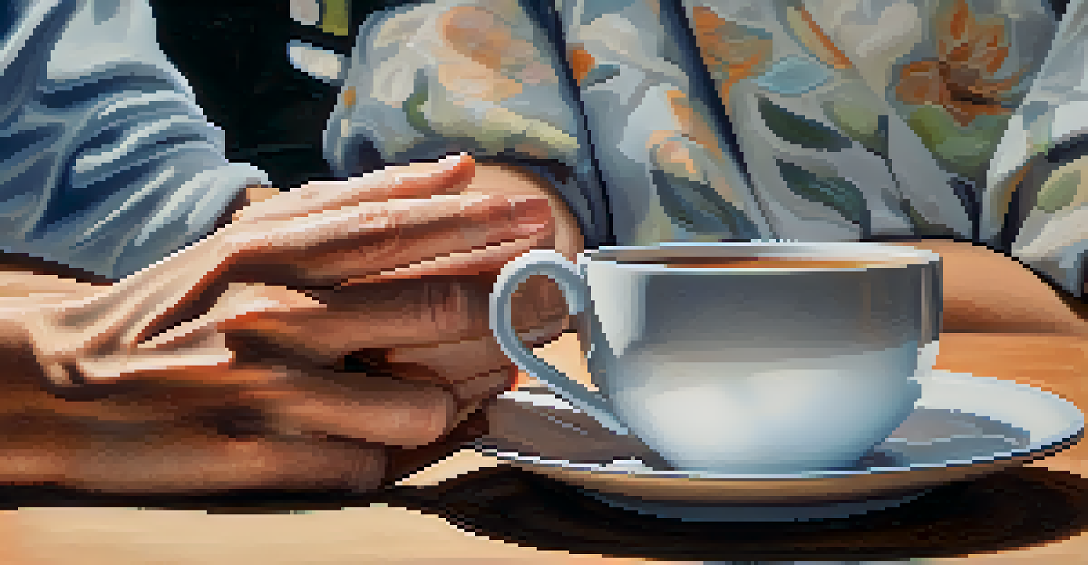 A close-up of shaky hands holding a cup of tea in a blurred, chaotic home setting.